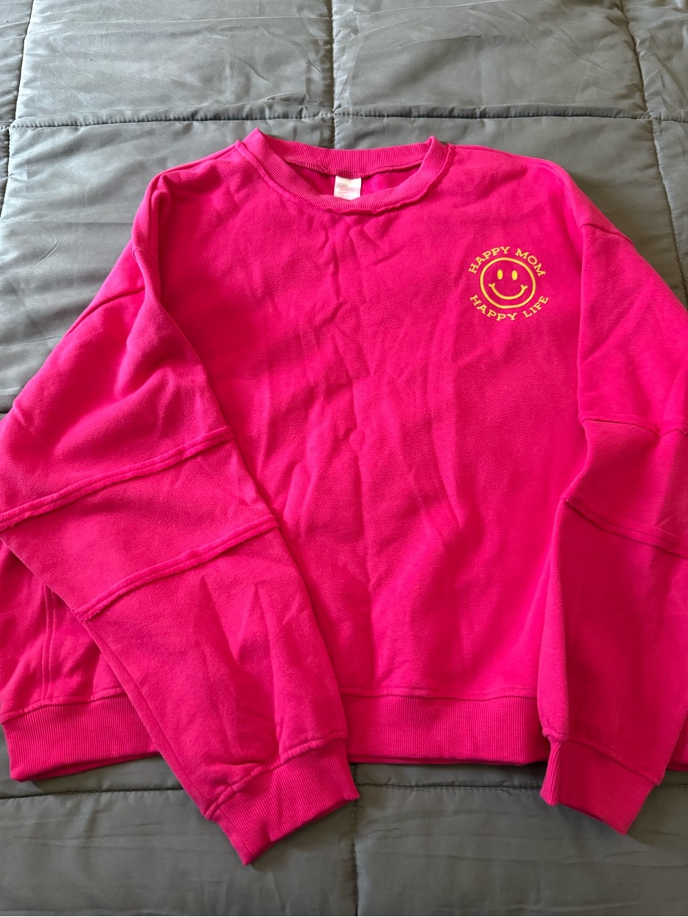 Bright Hot Pink 'Happy Mom Happy Life' Smiley Sweatshirt